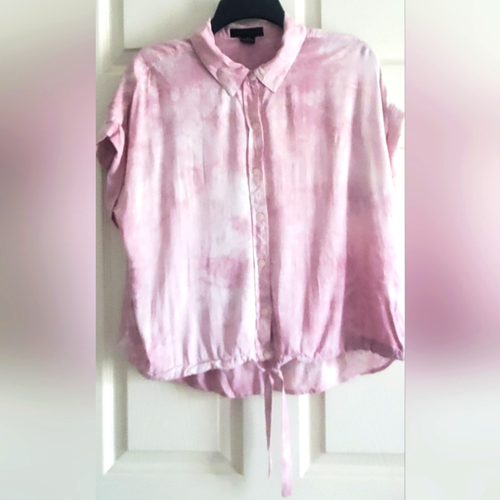 Sanctuary Women's Pink Tie-Dye Drawstring Cropped Shirt Size M